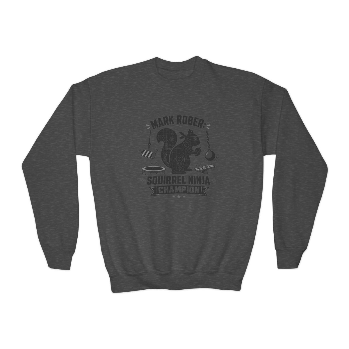 Mark Rober "Squirrel Ninja Course." Kids Crewneck - alternate angle 2, merchandise