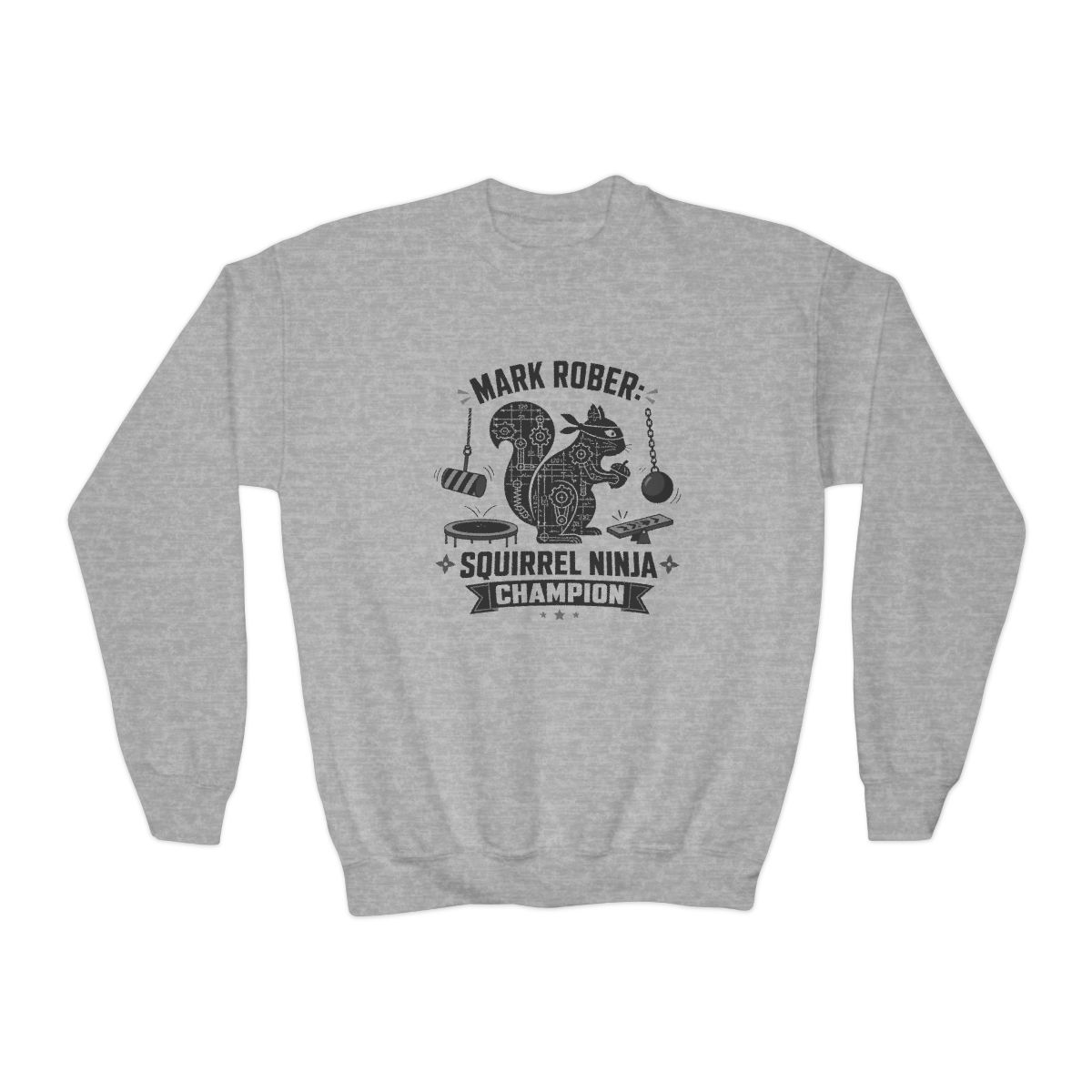 Mark Rober "Squirrel Ninja Course." Kids Crewneck - Mark Rober official Sweatshirts merch